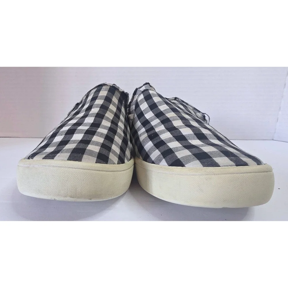 Kate Spade New York Lily Gingham Slip On Sneaker Black White Fray Canvas SZ 7